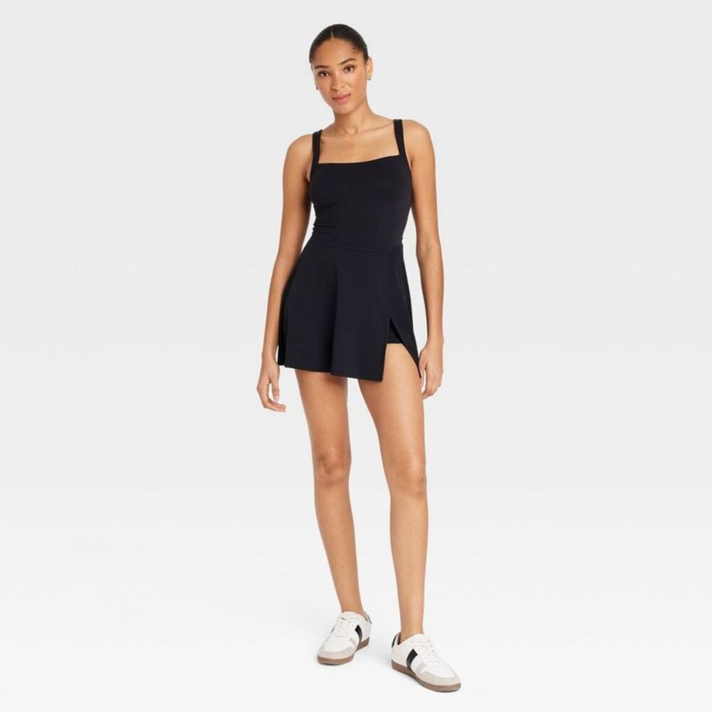 Women's Knit Squareneck Slit Active Dress - Black XS